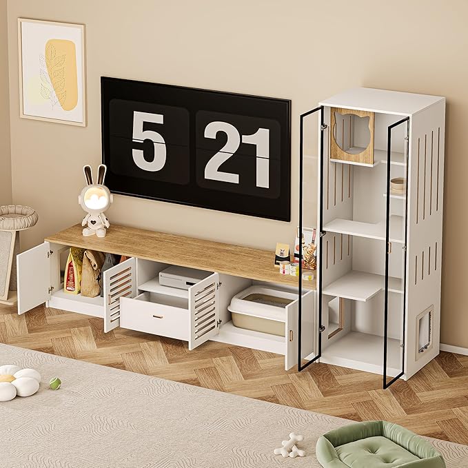 98.4" White TV Stand and Cat Tree Cabinet, 2-in-1 Entertainment Center and Cat Climbing Furniture with Scratching Posts Cat Door, Modern Wooden Design with Storage and Drawer for Living Room