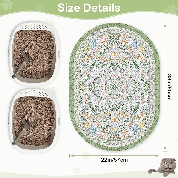 Bienbee Cat Litter Mat, 33" x 22" Large Size Litter Box Mat Rug with Non-Slip Bottom, Easy to Clean Cat Supplies Essentials for Indoor Kitty Kitten Floor,Bean-Green L