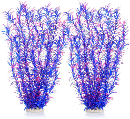JIHAQUA Aquarium Decor Plastic Plants Extra Large 21 Inches Artificial Fish Tank Plants Tall Fish Tank Decorations (Purple 2pcs)