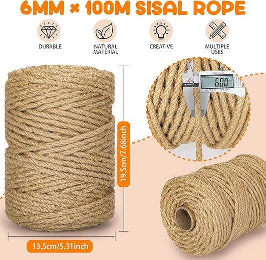 328FT/100M Cat Scratching Sisal Rope, 6mm Thick Natural Jute Rope for Scratch Posts, Cat Trees, DIY Projects, Sisal Rope for Scratcher with 2 Mouse Toys (Natural, 328ft)