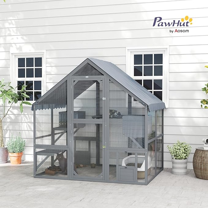 PawHut Large Catio Outdoor Cat Enclosure for Multiple Kittens, Wooden Cat House with Waterproof Cover, Walk in Kitty Cage Kennel with 2 Condos, 4 Platforms, Bridge, Doors, 73" x 55" x 74", Gray