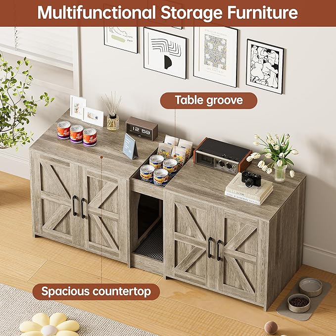 Litter Box Enclosure for 2 Cats, Hidden Litter Box Furniture with Double Rooms, Cat Bed, PVC Pad and Scratch Pad, Grey