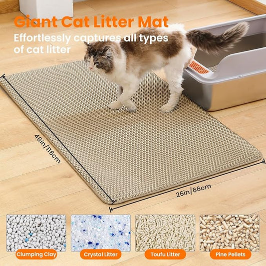 Jumbo Cat Litter Mat, 46x26 Inches Double Layer Honeycomb Litter Trapping Mat, Non Slip Waterproof Urine Proof Extra Large Cat Litter Box Mat, Kitten Supplies and Essentials, XXL, Beige