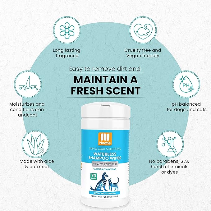 Nootie Waterless Shampoo Wipes for Dogs & Cats (70 Wipes, Sweet Pea & Vanilla)