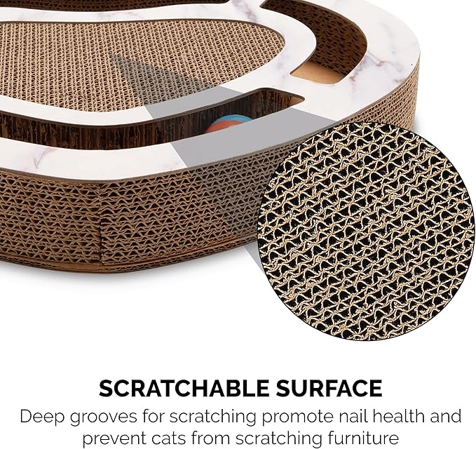 Furhaven Scratching Pad Ball Track Cat Toy w/ Catnip for Indoor Cats - Heart-Shaped Busy Box Scratcher - White Marble, One Size
