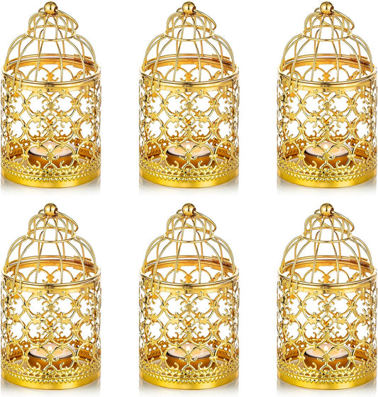 6 Pcs Small Metal Tealight Hanging Birdcage Lantern, Vintage Decorative Centerpieces of Wedding, Party, Gold