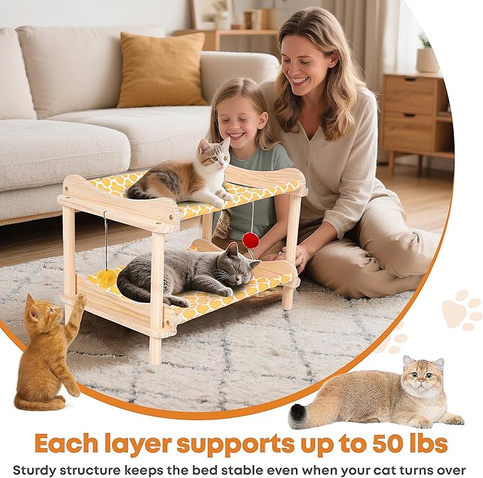 2-Layer Cat Hammock Bed, 24"x15.7"x16.3" Elevated Cat Bed with Pine Wood Frame, Breathable Washable Covers, Wooden Pet Furniture for Indoor Cats and Small Animals(Orange-2)