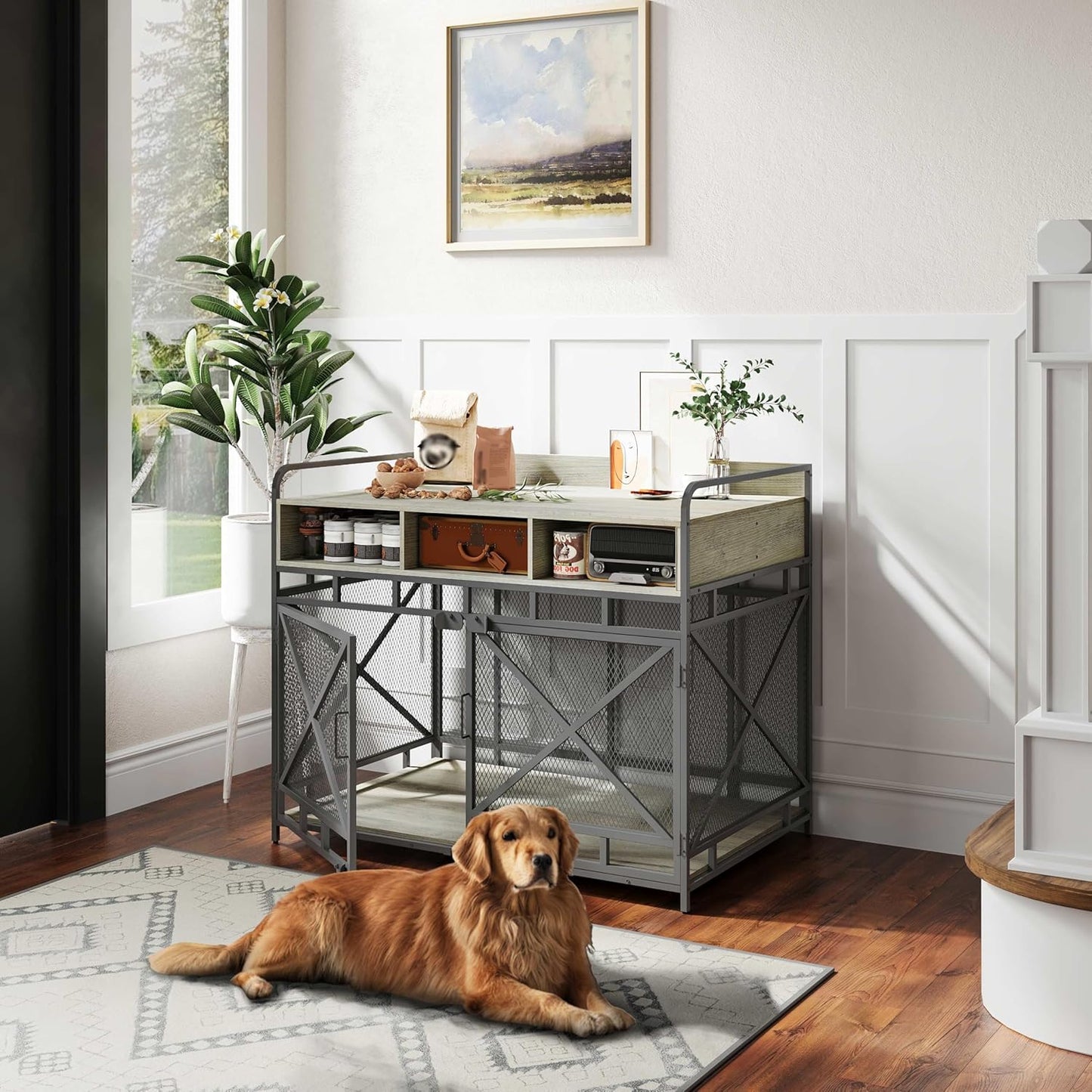 Dog Crate Furniture, 43" Heavy Duty Wooden Dog Crate End Table, XL Dog Kennel Furniture Large Breed, Decorative Dog Kennel Indoor with 3 Drawers & Steel Tubes 43" L x28 W x36 H (Grey)