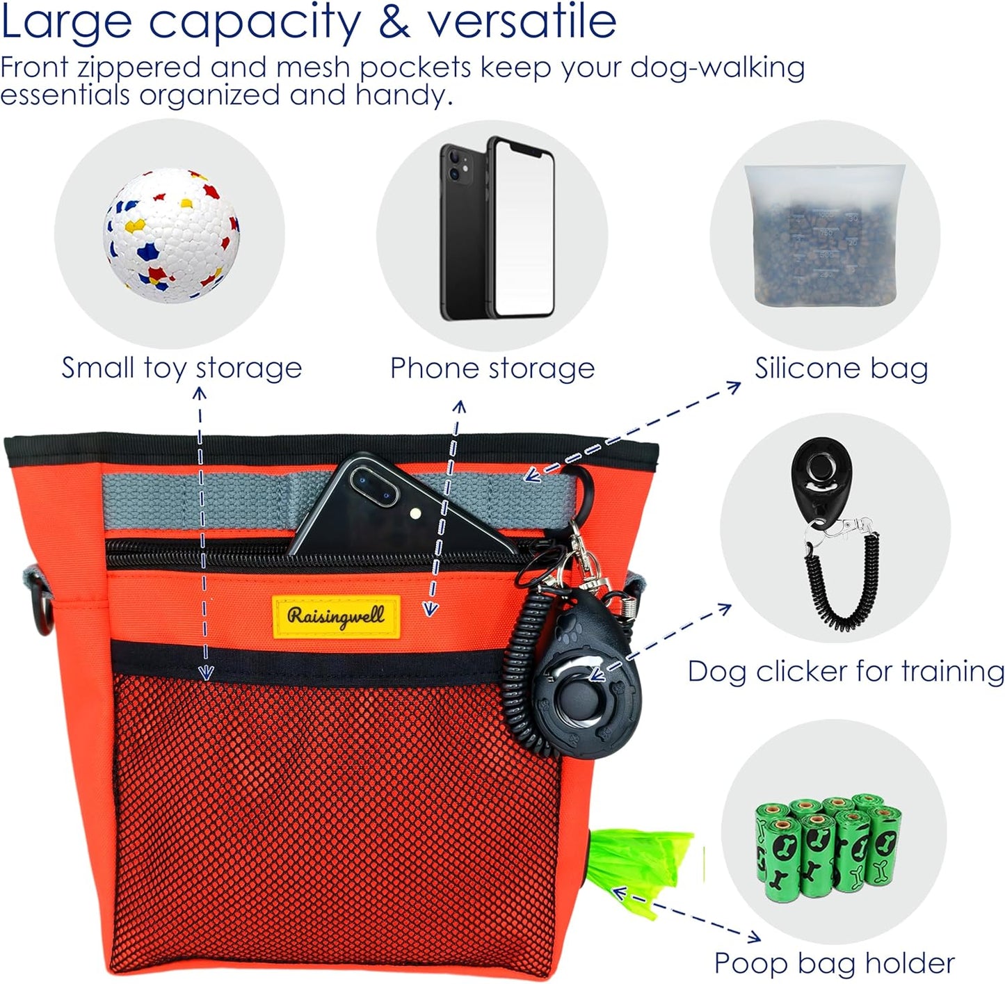 Dog Treat Pouch with Magnetic Closure 4-Cup Silicone Bag Fanny Pack Holder with Clicker 4 Ways to Wear Front Pocket Fits All Phones Ideal for Leash, Pet Walking and Training（Orange）