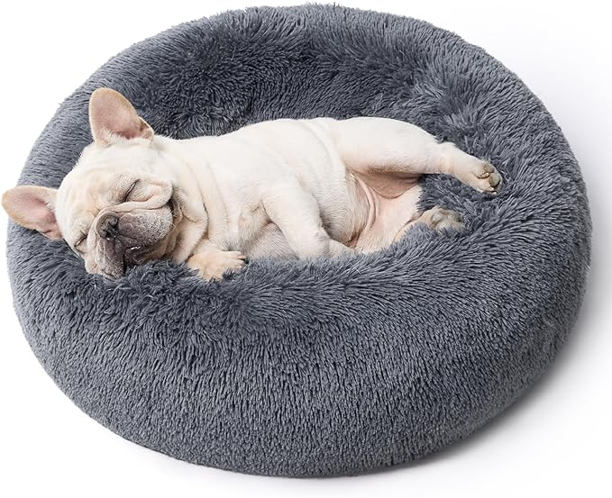 Bedsure Calming Dog Bed for Medium Dogs - Donut Washable Medium Pet Bed, 30 inches Anti-Slip Round Fluffy Plush Faux Fur Cat Bed, Fits up to 45 lbs Pets, Dark Grey
