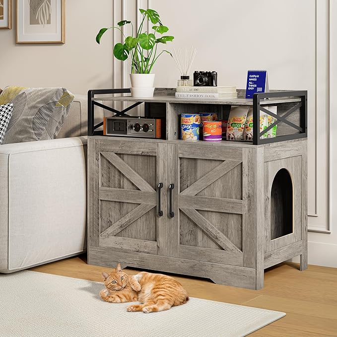 Cat Litter Box Enclosure, Ultra-Large Hidden Litter Box Furniture with Top Opening, Anti-Tipping Fence and 2 Open Drawers, Litter Box Cabinet End Table, Grey