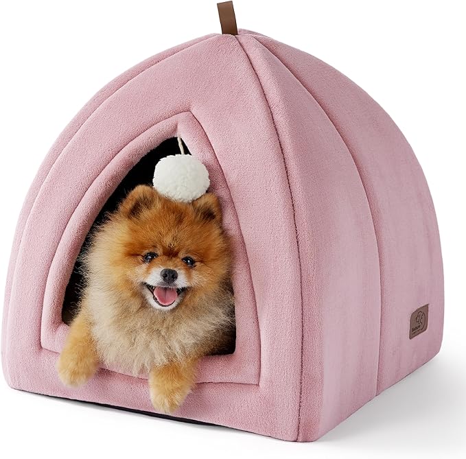 Bedsure Cat Beds for Indoor - 2 in 1 Cat Cave House Tent for Kittens and Small Pets with Removable Washable Cushioned Pillow, Foldable Kitten Hideaway with Non-Slip Bottom, Pink, 17.3 inches