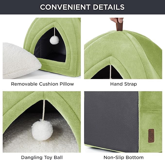 Bedsure Cat Beds for Indoor - 2 in 1 Cat Cave House Tent for Kittens and Small Pets with Removable Washable Cushioned Pillow, Foldable Kitten Hideaway with Non-Slip Bottom, Green, 17.3 inches