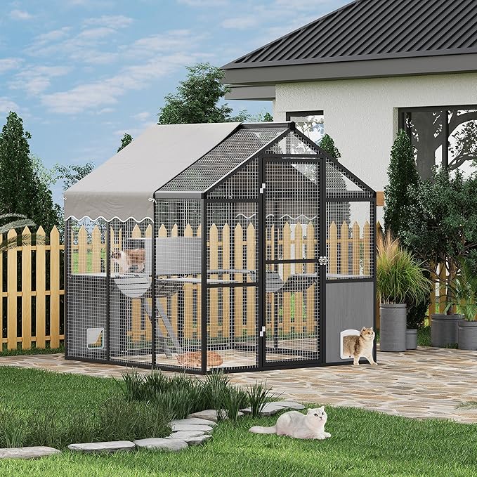 Aluminum Walk-In Large Outdoor Cat Enclosure, Large Outdoor Catio for Multiple Cats, Outside Cattery with Weatherproof Roof with Channels, Side Door, UV Proof Cover, Huge Condo, Platform
