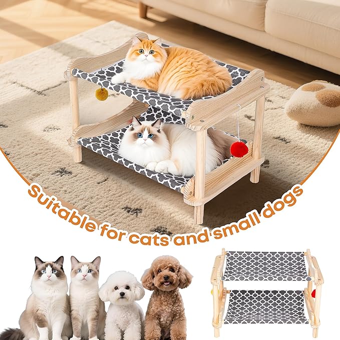 2-Layer Cat Hammock Bed, 24"x15.7"x16.3" Elevated Cat Bed with Pine Wood Frame, Breathable Washable Covers, Wooden Pet Furniture for Indoor Cats and Small Animals (Grey-2)