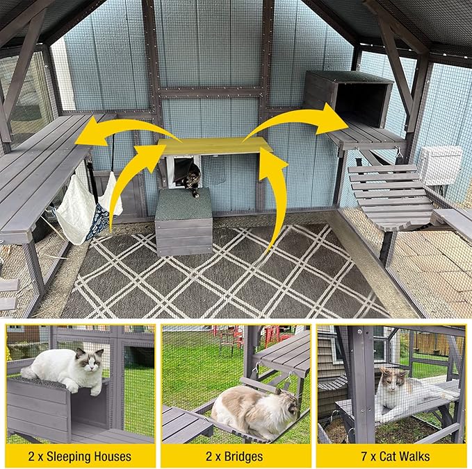 Aivituvin Cat House Outdoor Catio Kitty Enclosure with Super Large Enter Door,Wooden Cat Cage Condo Indoor Playpen with Platforms,Small House 110" L