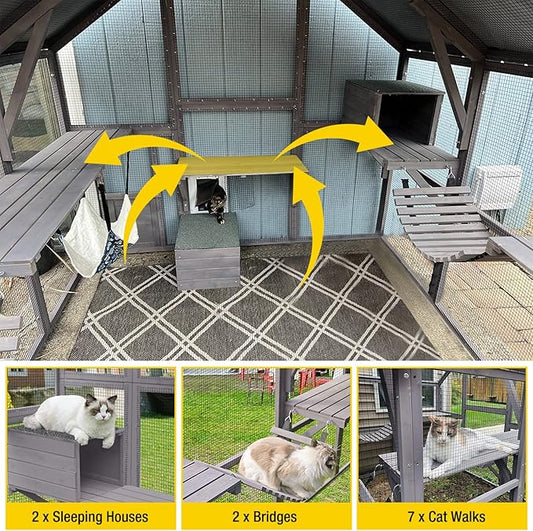 Aivituvin Cat House Outdoor Catio Kitty Enclosure with Super Large Enter Door,Wooden Cat Cage Condo Indoor Playpen with Platforms,Small House 110" L