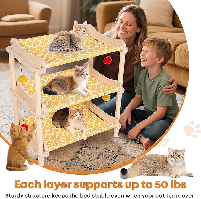 Large 3-Layer Cat Hammock Bed, 24"x15.7"x26.8" Elevated Cat Bed with Pine Wood Frame, Breathable Washable Covers, Wooden Pet Furniture for Indoor Cats and Small Animals (Orange, 3-Tier)