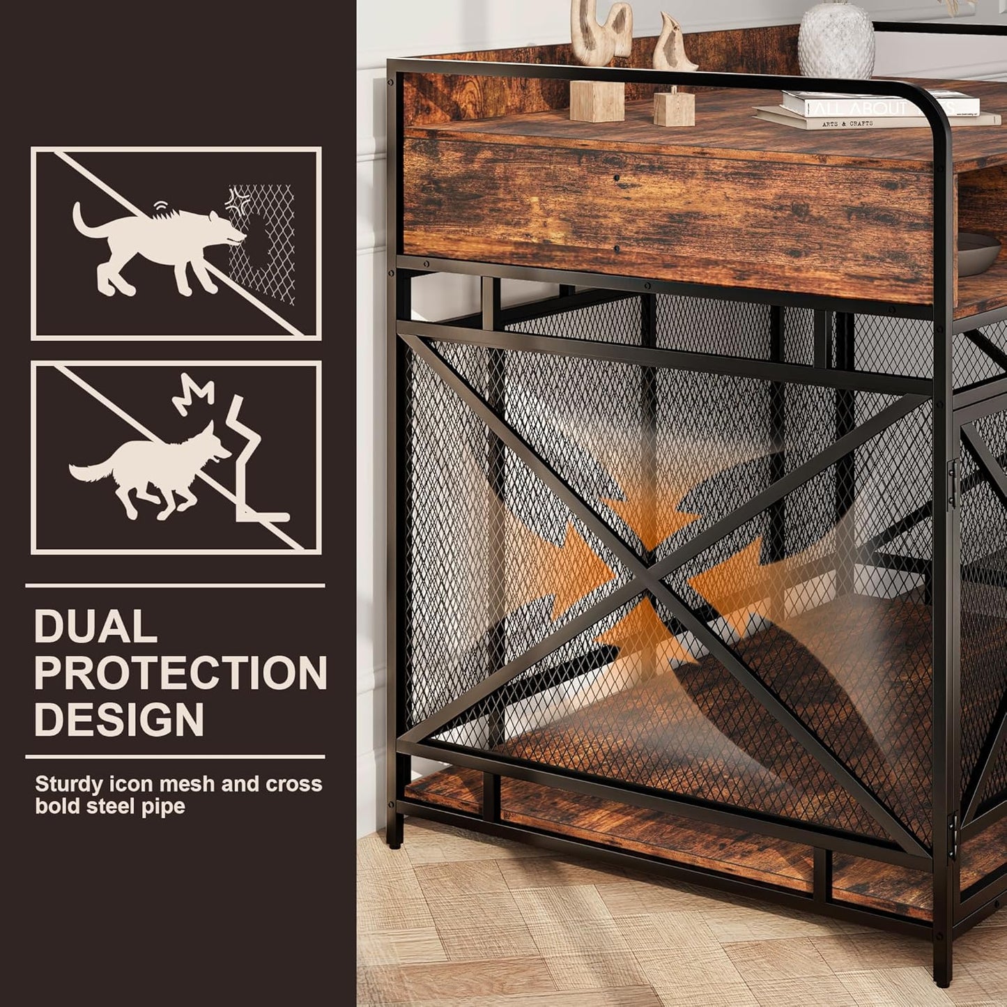 Dog Crate Furniture, 43" Heavy Duty Wooden Dog Crate End Table, XL Dog Kennel Furniture Large Breed, Decorative Dog Kenne Indoor with 3 Drawers & Steel Tubes 43" L x28 W x36 H (Rustic Brown)