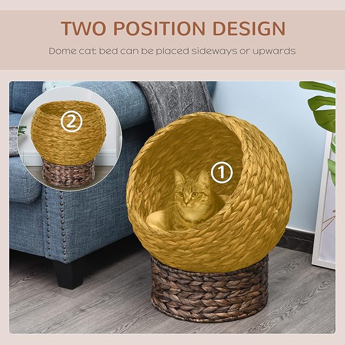 PawHut Handwoven Elevated Cat Bed with Soft Cushion & Egg Chair Shape, Basket Kitty House with Stand, Raised Wicker Cat Bed for Indoor Cats, 23.5" H, Gray