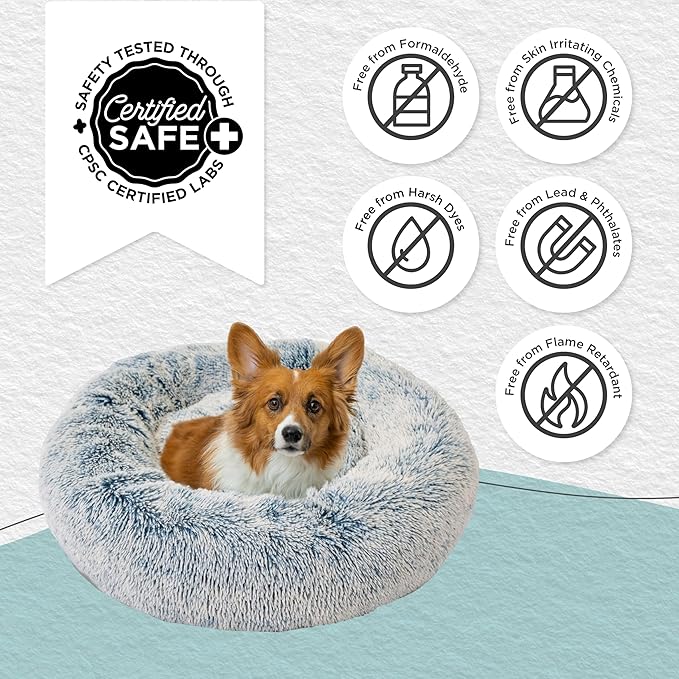 Best Friends by Sheri Original Calming Donut Dog and Cat Bed, Shag Faux Fur, Denim Blue, (30in x 30in) - Anxiety Relief for Pets Up to 45 lbs
