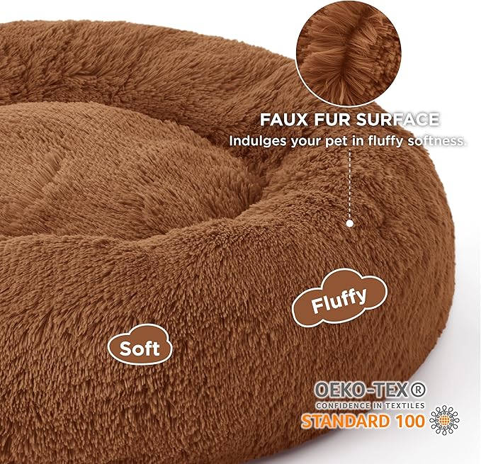 Bedsure Calming Dog Bed for Large Dogs - Donut Washable Large Pet Bed, 36 inches Anti-Slip Round Fluffy Plush Faux Fur Dog Bed, Fits up to 80 lbs Pets, Caramel