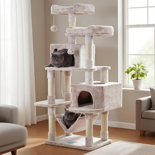 Hey-brother Large Multi-Level Cat Tree Condo Furniture with Sisal-Covered Scratching Posts, 2 Bigger Plush Condos, Perch Hammock for Kittens, Cats and Pets, Muchroom MPJ020MU