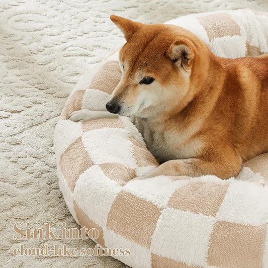 Checkered Cat Dog Bed, Cute Beige Khaki Retro Style Aesthetic Round Warming Pet Calming Beds for Small Dog and Cats, Plush Cozy Donut Beds Washable, 23" L x 23" W x 8" Th