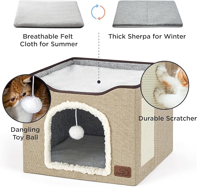 Bedsure Cat Beds for Indoor Cats - Large Cat Cave for Pet Cat House with Fluffy Ball Hanging and Scratch Pad, Foldable Cat Hideaway, 16.5x16.5x13 inches, Brown