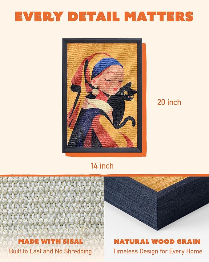 Decorative Wall Art Sisal Cat Scratcher with Vertical Mounted Setup, 14x20 Large & Durable Scratch Pad Ideal for Adult Cats with Gallery-Style Frame That Looks Like a Painting (Girl with Purr)