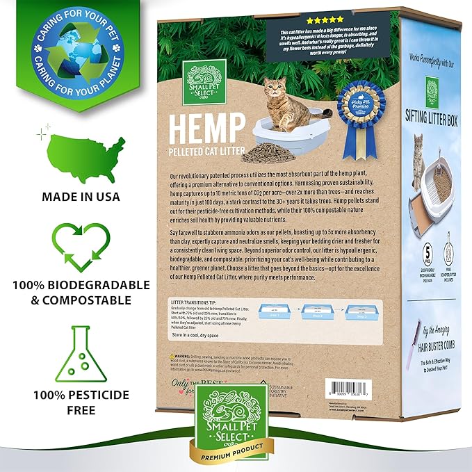 Small Pet Select - Hemp Pelleted Cat Litter, Non-Clumping, Biodegradable Kitty Litter, Eco Friendly Odor Control for a Fresh Litter Box, 20 lb