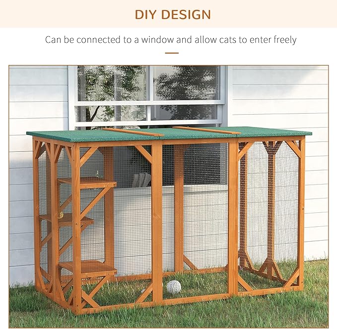 PawHut Outdoor Cat House, Catio Wooden Feral Cat Shelter, Cat Cage with Platforms, Large Enter Door, Weather Protection Asphalt Roof, 71" L, Orange