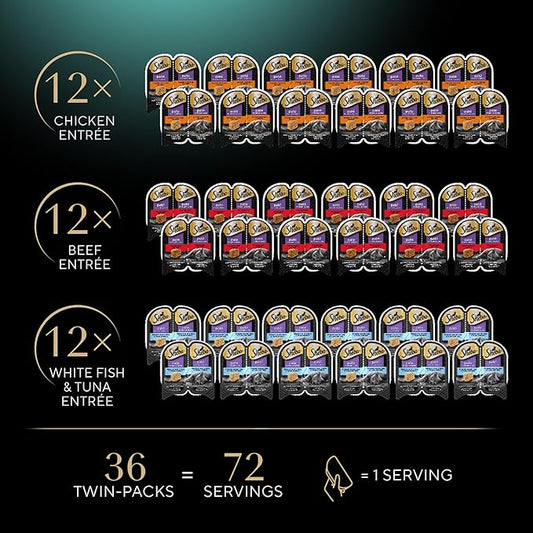 Sheba Perfect Portions Wet Cat Food Pate Savory Chicken Entree, Tender Beef Entree, and Tender Whitefish and Tuna Entree, 2.6 oz. Twin-Pack Trays (36 Count, 72 Servings)