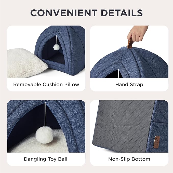 Bedsure Cat Beds for Indoor - 2 in 1 Cat Cave House Tent for Kittens and Small Pets with Removable Washable Cushioned Pillow, Foldable Kitten Hideaway with Non-Slip Bottom, Navy, 16 inches