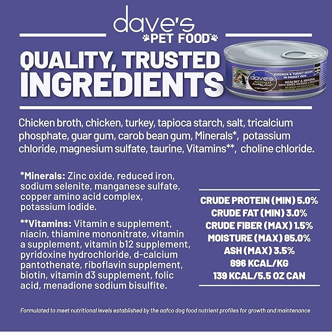 Dave's Pet Food Grain Free Wet Cat Food (Chicken & Turkey Saucey Pate), Naturally Healthy Canned Cat Food, Added Vitamins & Minerals, Wheat Free, 5.5 oz (24 Pack)