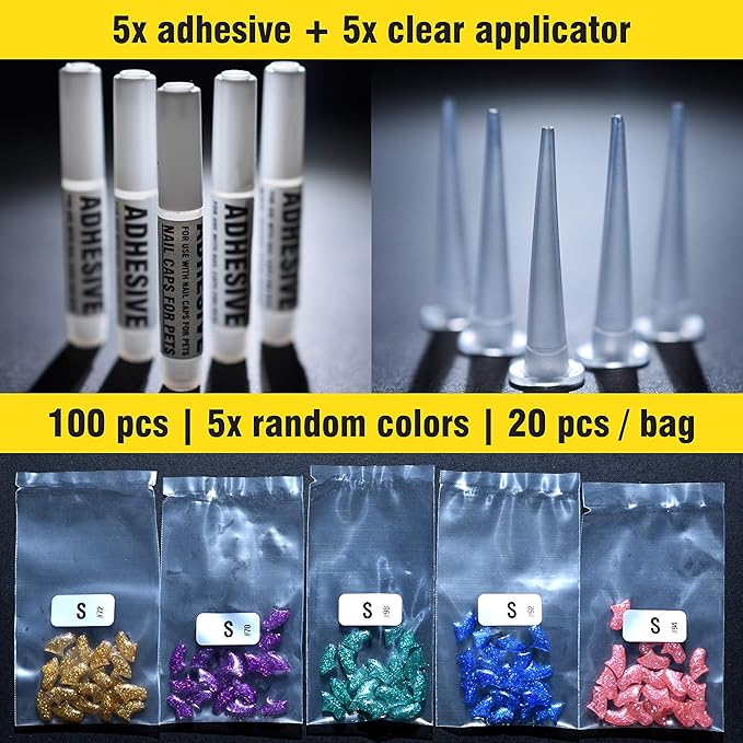 zetpo Cat Nail Caps | Cat Claw Covers | with Adhesives and Applicators (S, 5X Glitter Random Colors | 100 pcs)
