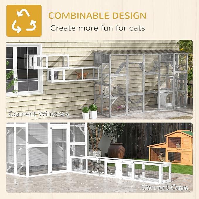 PawHut Cat Tunnel - Outdoor Wooden Tube with Combinable Design, 8 Doors, 98" Cat Toys for Kitty, Puppy, Pet, House, Window, Cage, White
