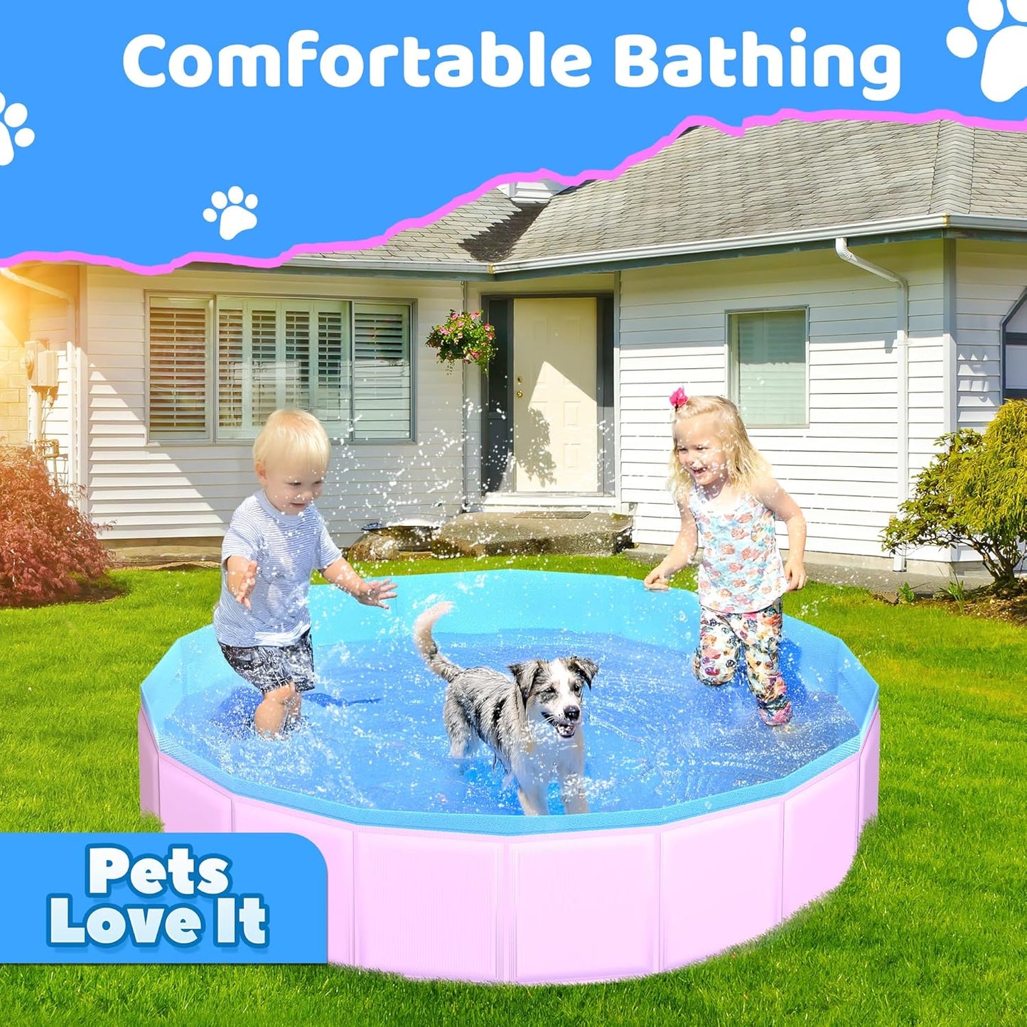 2025 Updated Foldable Dog Pool, 87" x 12" Kiddie Pool with Hard Plastic, Non-Slip Dog Bath Tub for Outdoor Backyard, Collapsible Dog Swimming Pool for Kids Dogs Pets (Pink)