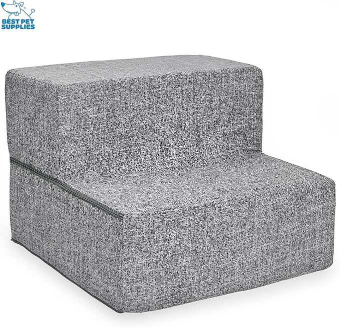 Best Pet Supplies Dog Stairs & Steps - Foam Steps for Small Dogs & Cats, Non-Slip Indoor Balanced Pet Step Support, Dog Ramp, No Assembly, Ash Gray Linen, Foldable 2-Step (12-inch Height)