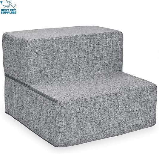 Best Pet Supplies Dog Stairs & Steps - Foam Steps for Small Dogs & Cats, Non-Slip Indoor Balanced Pet Step Support, Dog Ramp, No Assembly, Ash Gray Linen, Foldable 2-Step (12-inch Height)