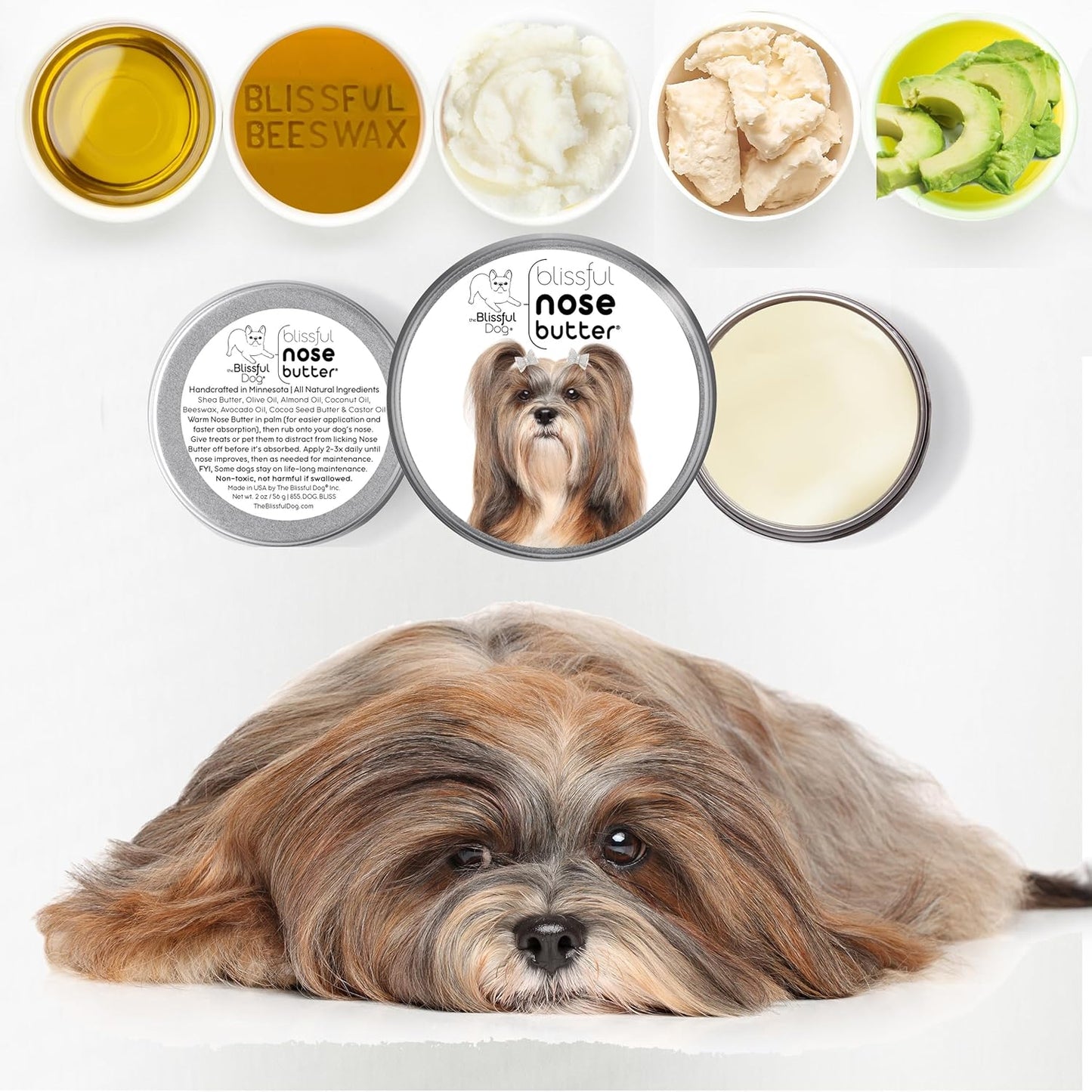 The Blissful Dog Lhasa Apso Nose Butter for Dry, Cracked Skin, Lick-Safe Dog Nose Balm with Moisturizing Shea Butter, Almond, Olive, and Essential Oils, Pet Supplies, Uncented, 8 oz.
