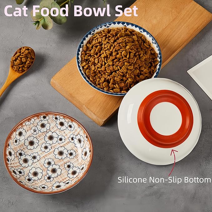 3-Pack Ceramic Cat Food Bowl, Non-Slip Whisker Fatigue Cats Bowl, 5.5” Shallow Dish for Food, Boho Flat Kitten Bowls, Small Kitten Plates for Indoor Cats with Silicone Bottom