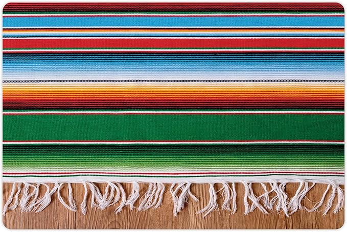 Lunarable Mexican Pet Mat for Food and Water, Colorful Boho Serape Pattern with Horizontal Stripes and Lines Cultures Picture, Non-Slip Rubber Mat for Dogs and Cats, 18" X 12", Green Red