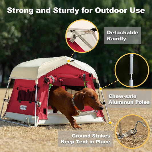 Dog Tent Cotton Fabric, Aluminum Poles and Camping Mat, Outdoor Weatherproof, Dog House Outdoor, Breathable with 2 Side Windows, Portable and Collapsible (Red, Small)