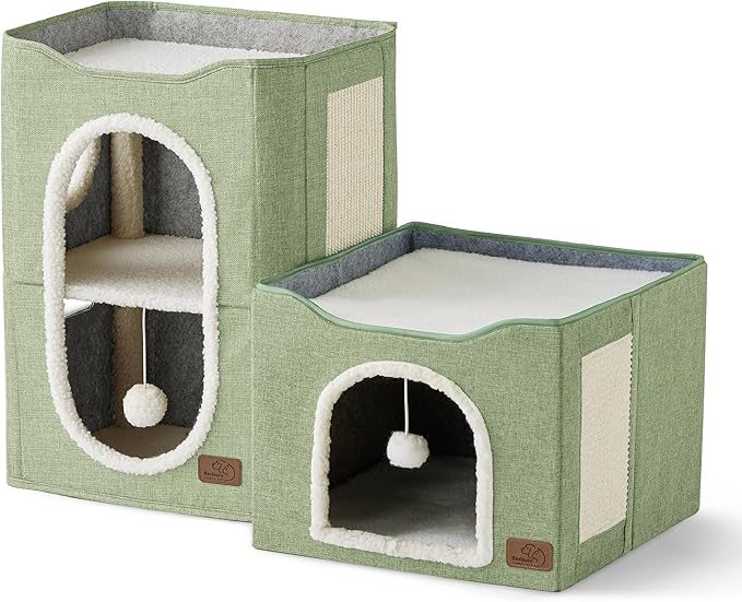 Bedsure 2 Story Cat House - Cat Condos for Indoor Cats with Scratch Pad and Fluffy Ball Hanging, Small Pet Cave Furniture Hideaway for Multi Pets, 18x14x23 inches, Green