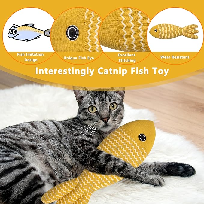 Interesting Catnip Toys Fish, 1 Pack Large Cat Toys, Soft Indoor Cat Kicker Toys, Durable and Highly Interactive Catnip Toys（Yellow Fish）