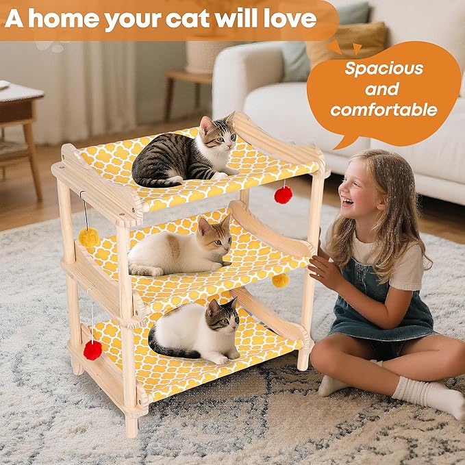Large 3-Layer Cat Hammock Bed, 24"x15.7"x26.8" Elevated Cat Bed with Pine Wood Frame, Breathable Washable Covers, Wooden Pet Furniture for Indoor Cats and Small Animals (Orange, 3-Tier)