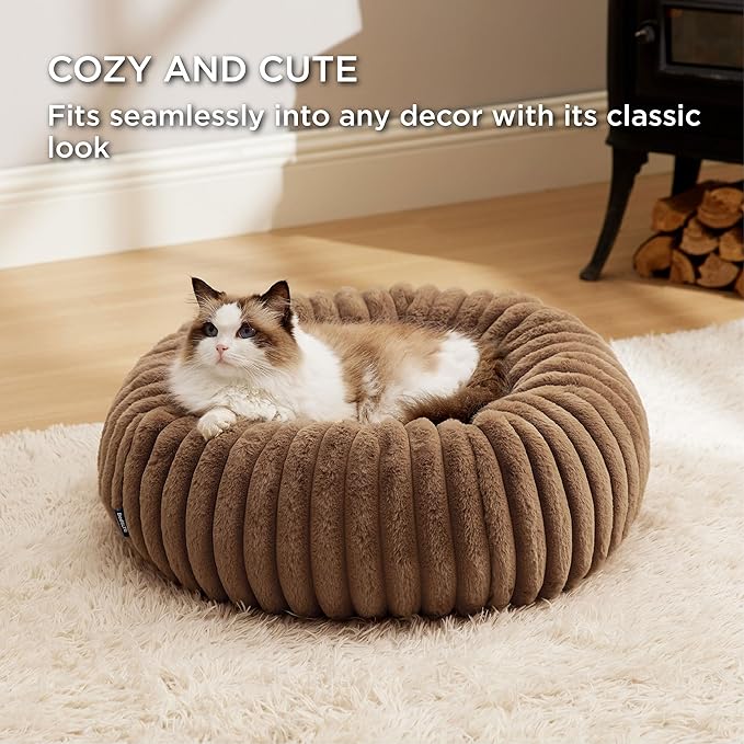 Bedsure Cat beds for Indoor Cats - Donut Dog Beds for Small Dogs with Corduroy Fleece & Anti Slip Bottom, Faux Fur Pet Beds with Washable Removable Cover, Copper Brown, 20x20x6 inches