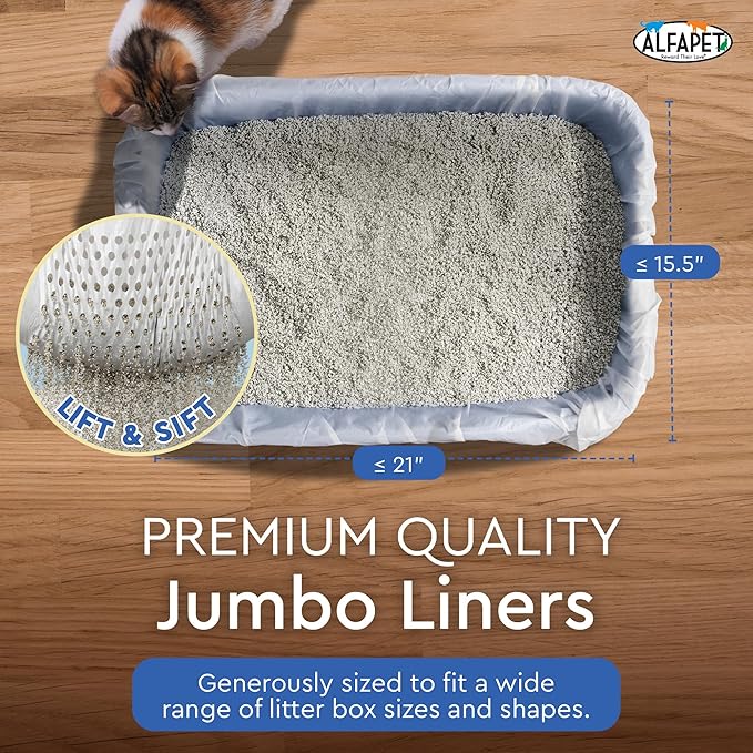 Alfapet Sifting Cat Litter Box Liners - Jumbo 10 Count, Tear-Resistant Cat Litter Bags, Waterproof Kitty Litter Liners, Fits Litterbox Pan Sizes X-Large, X-Giant, 37" x 18" 30 lb Capacity