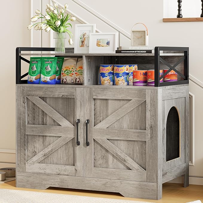 Cat Litter Box Enclosure Furniture - Hidden Litter Box Cabinet with Scratch Pad & Odor Control | Farmhouse Style End Table for Cats | Discreet Cat Washroom for Living Room & Bedroom Grey